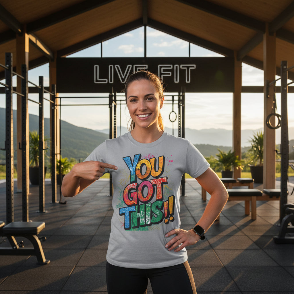 A woman wearing a 'You Got This!!' t-shirt in a gym setting with 'Live Fit' branding.