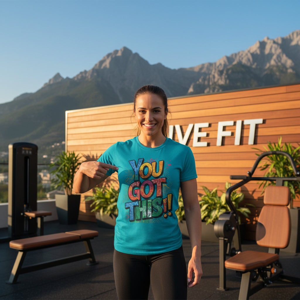 A t-shirt with the text 'YOU GOT THIS!!' printed in colorful letters on the front.