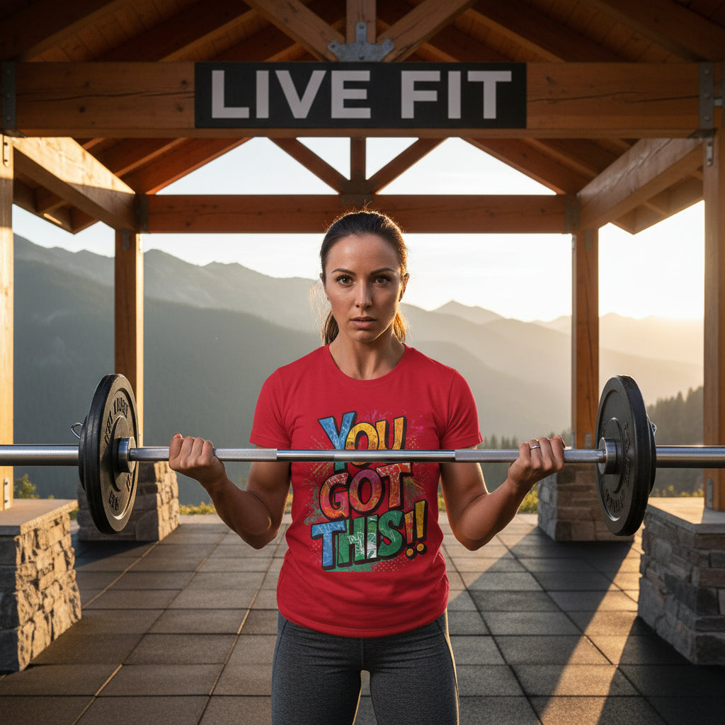 A woman lifting weights with 'You Got This!!' shirt in front of a wooden structure with 'Live Fit' sign and mountain view.