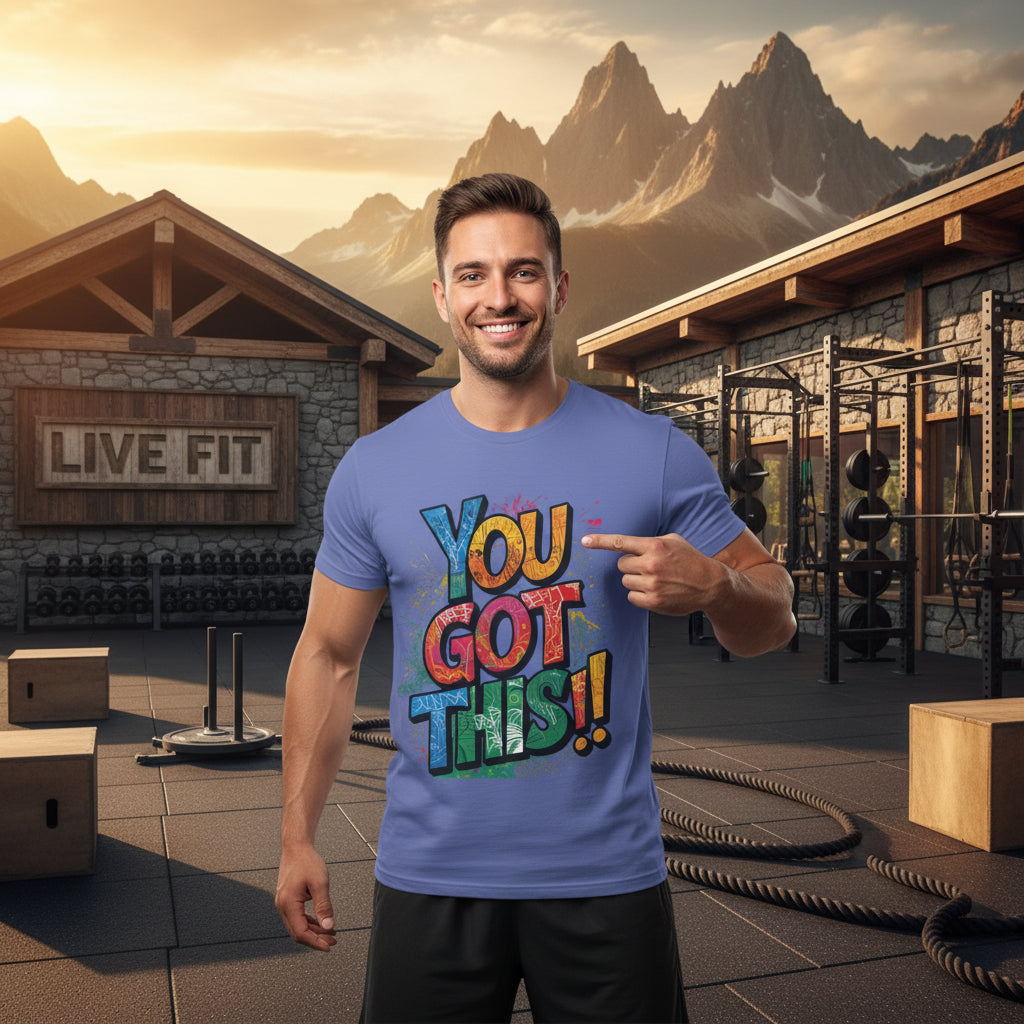 A man wearing a light purple T-shirt with the text 'YOU GOT THIS!!' printed in colorful letters on the front.