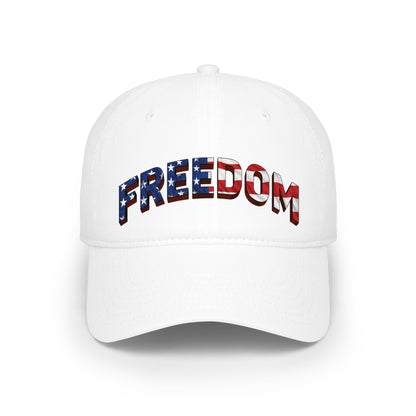 White cap with 'FREEDOM' text in American flag colors on a white background.