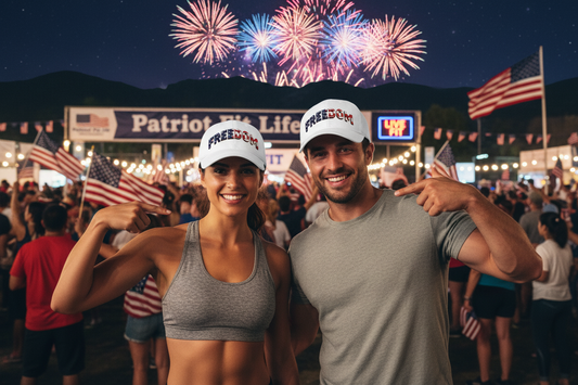 A man and a woman are posing in front of a fireworks display with a Patriot Fit Life sign, wearing white hats that say FREEDOM with an American flag lettering pattern and American flags in the background.