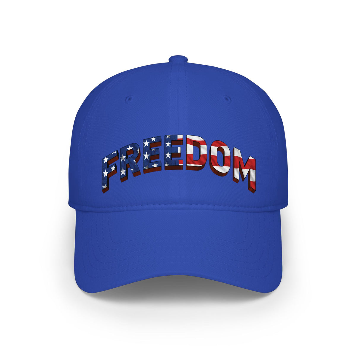 Blue cap with 'FREEDOM' in American flag design against a white background.