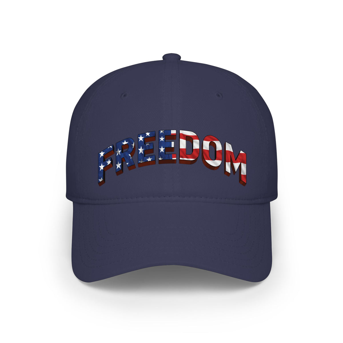 Navy blue cap with 'FREEDOM' in American flag design against a white background.