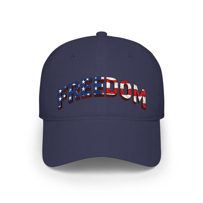 Navy blue cap with 'FREEDOM' in American flag design against a white background.