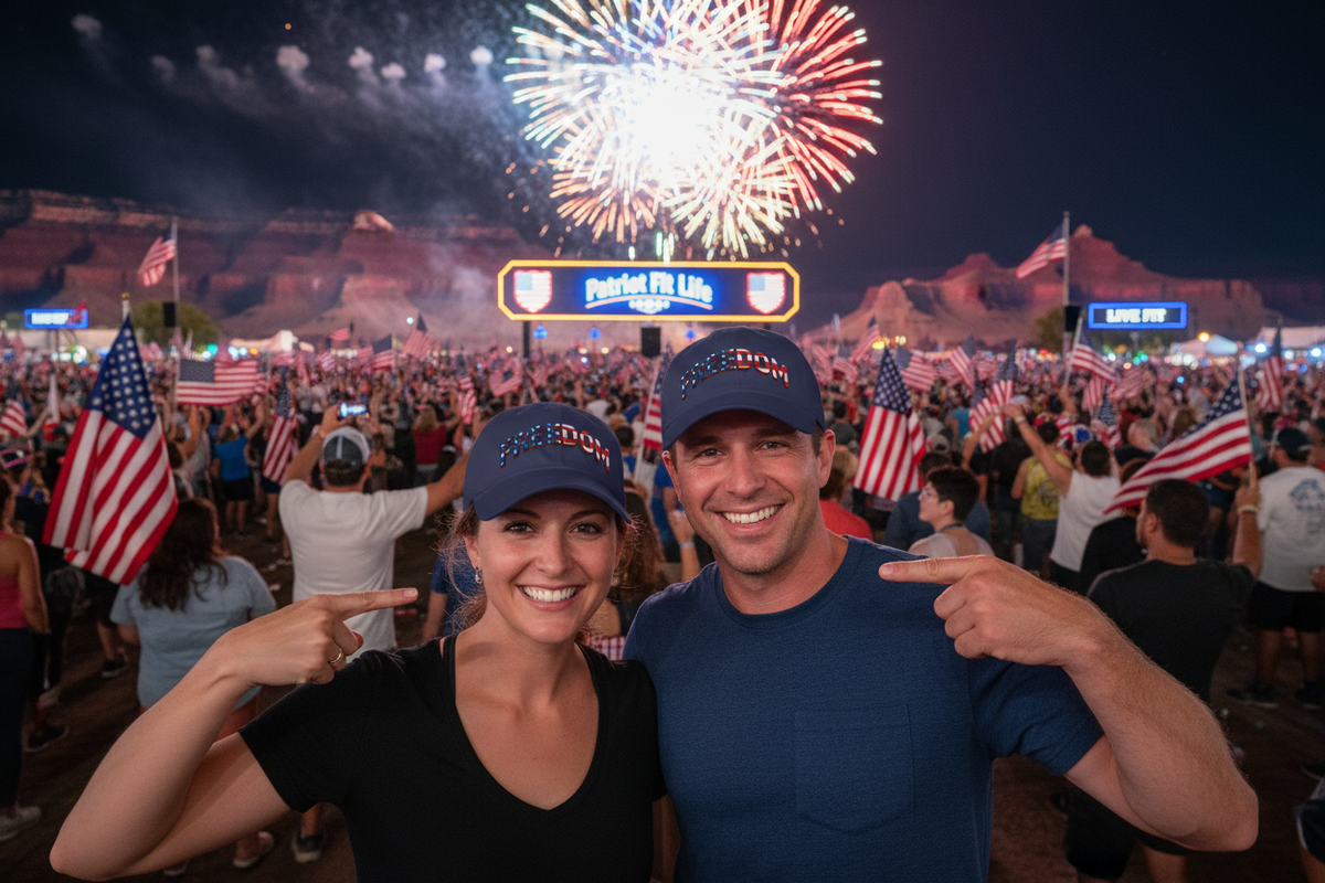 A man and a woman are wearing matching hats with FREEDOM American flag lettering pattern text, posing with American flags at a fireworks display event.