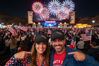 Two people pointing at their black hats with FREEDOM text with an American flag lettering pattern design with fireworks and a large screen in the background.