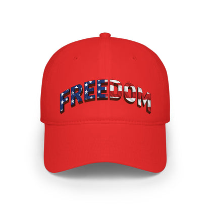 Red cap with 'FREEDOM' text in American flag colors against a white background.