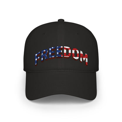 Black cap with 'FREEDOM' in American flag colors against a white background.