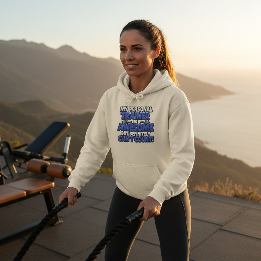 A woman wearing a beige hoodie with text on it that says, My Personal Trainer Is Awesome But Definitely Can't Count!, standing in an outdoor gym with a city skyline in the background.