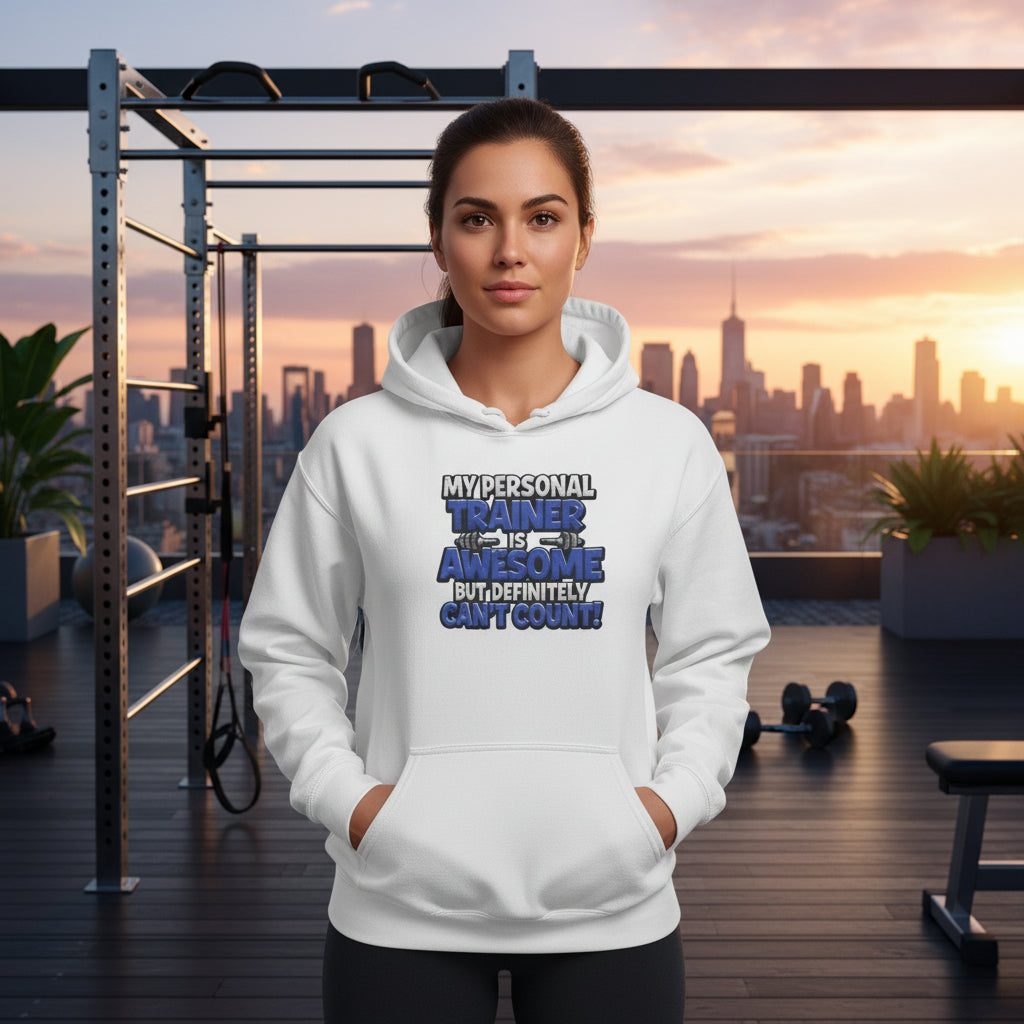 A woman wearing a white hoodie with text on it that says, My Personal Trainer Is Awesome But Definitely Can't Count!, standing in an outdoor gym with a city skyline in the background.