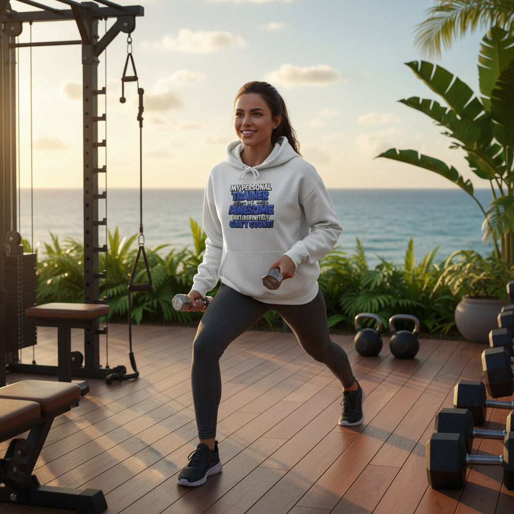 A woman wearing a gray hoodie with text on it that says, My Personal Trainer Is Awesome But Definitely Can't Count!, standing in an outdoor gym with a city skyline in the background.