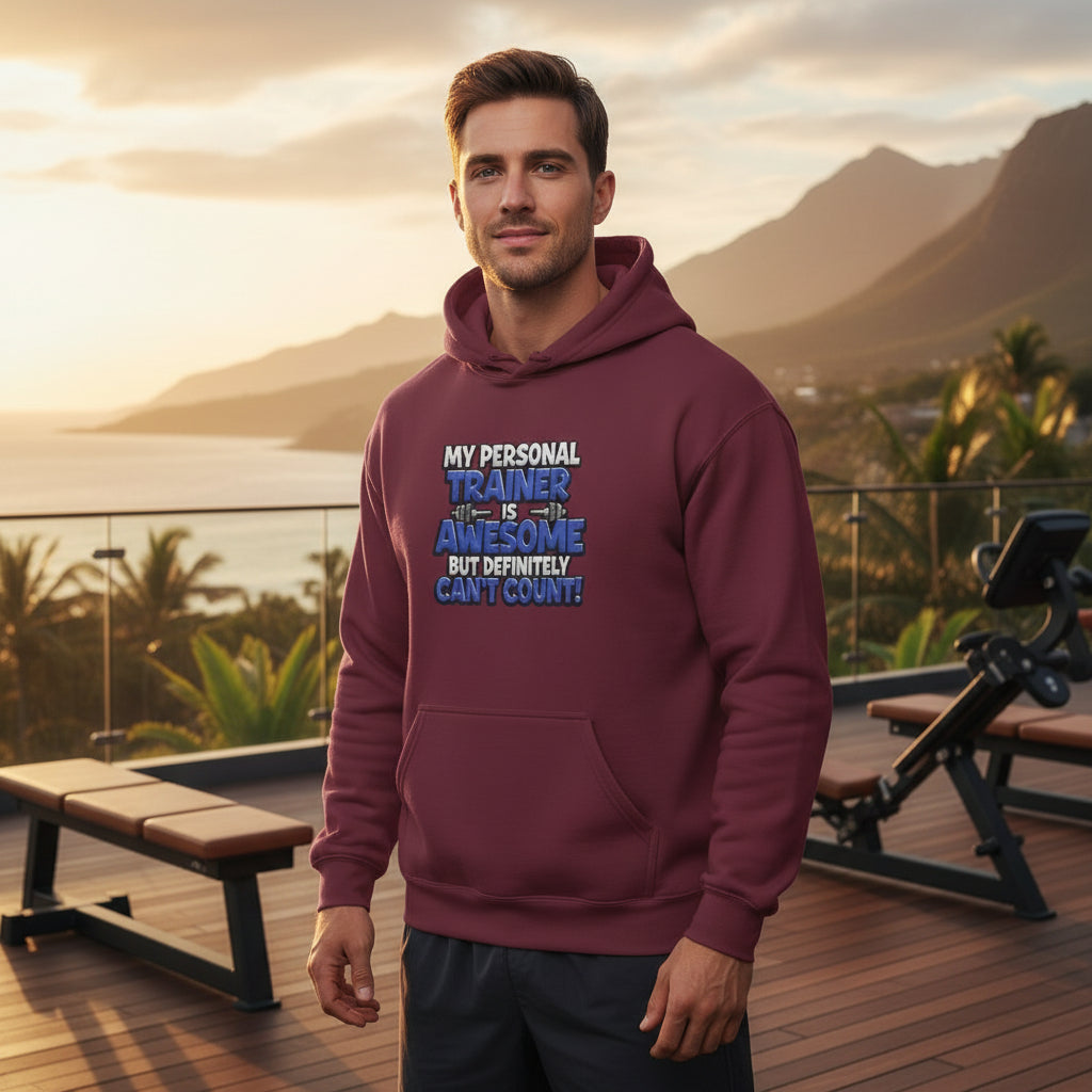 A man wearing a maroon hoodie with text on it that says, My Personal Trainer Is Awesome But Definitely Can't Count!, standing in an outdoor gym with a city skyline in the background.