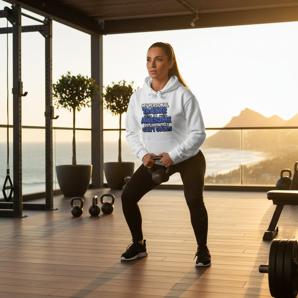 Woman exercising with kettlebells on a wooden deck with an ocean view.