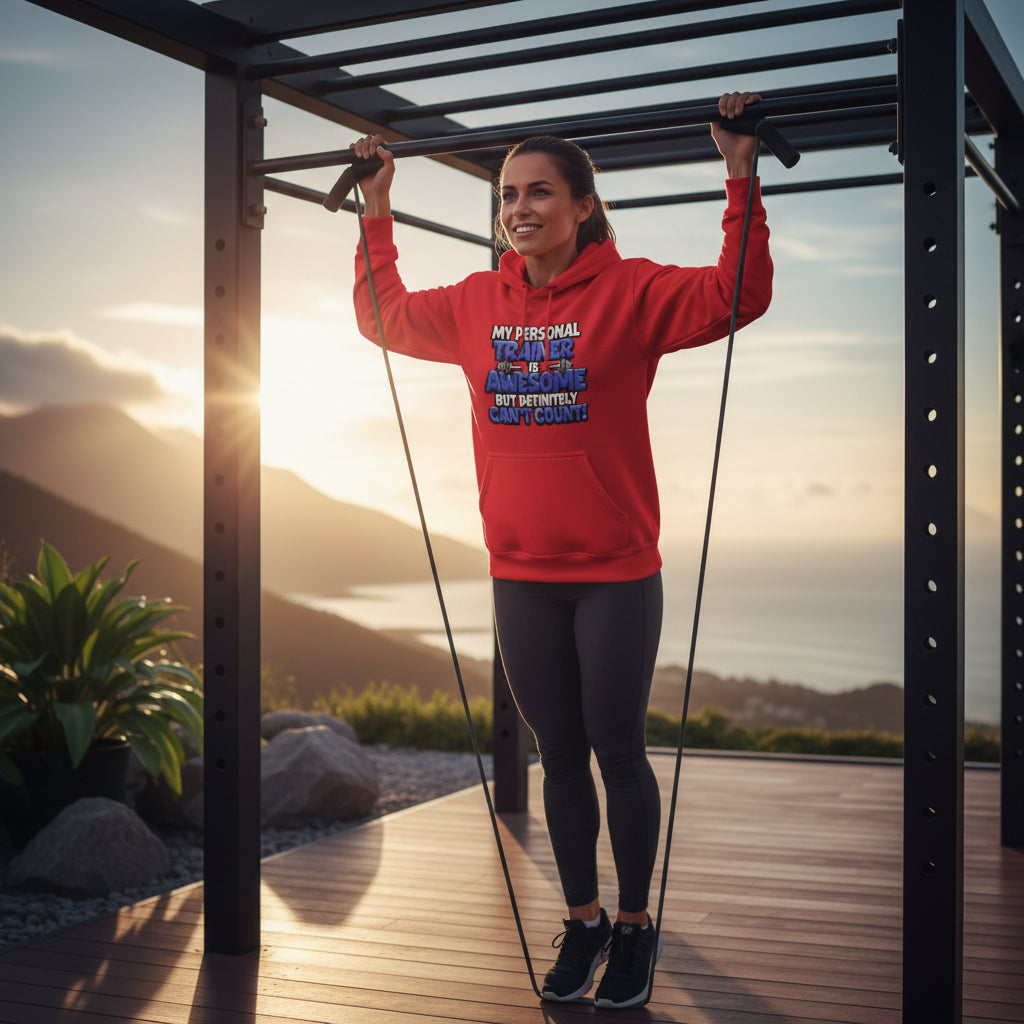 Person in a red hoodie exercising on outdoor fitness equipment with a scenic background.