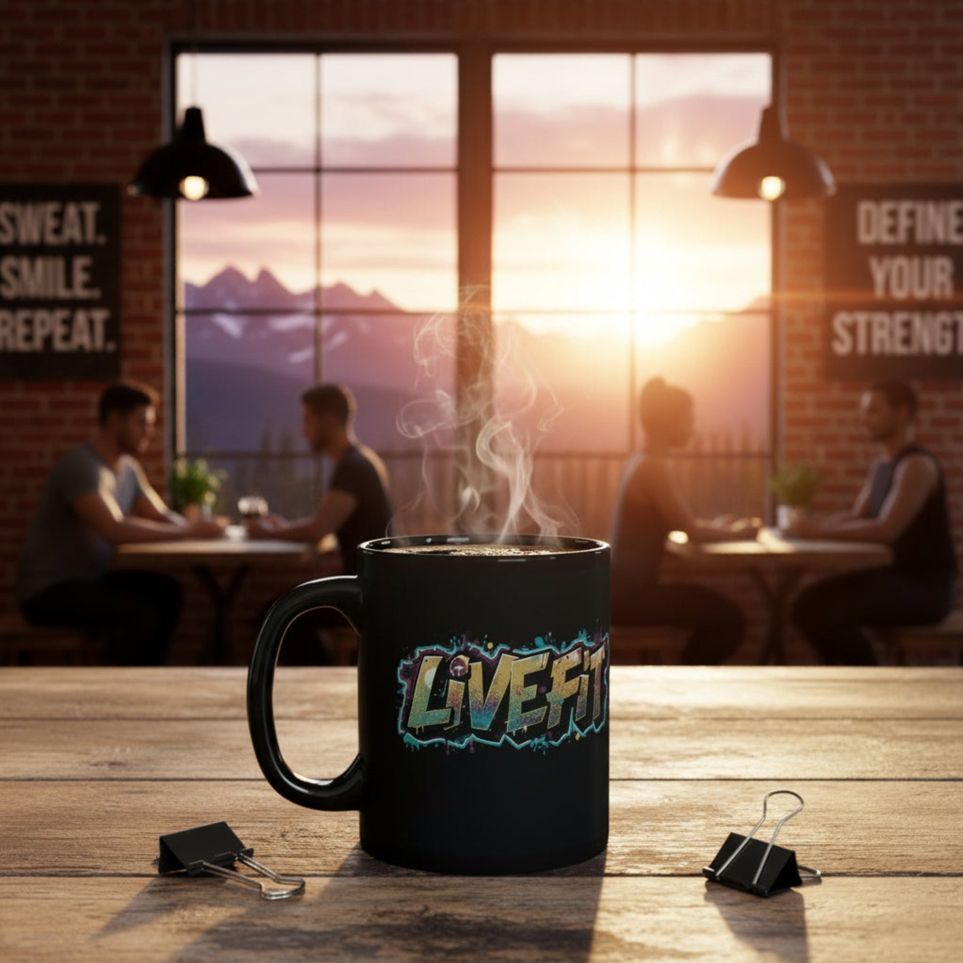 Black mug with 'LIVE FIT' on a wooden table in a cozy cafe setting with a sunset view.