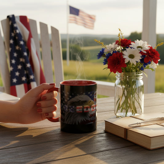 Mug with Freedom American flag and eagle design.