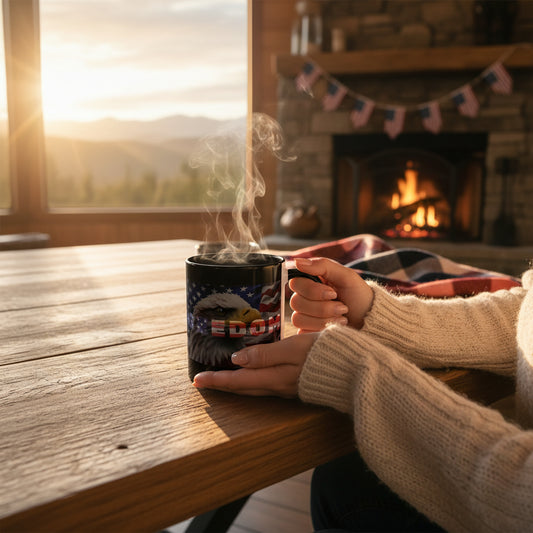 Black mug with the Freedom American flag and eagle design. 