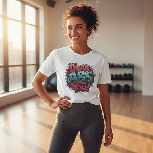 White t-shirt with colorful graphic design that says, Dear Abs I Will Find You! up against a home gym background.