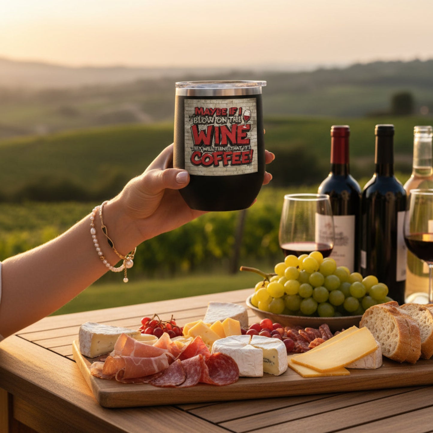 Person holding a tumbler with a wine and coffee graphic over a charcuterie board with wine bottles and grapes.