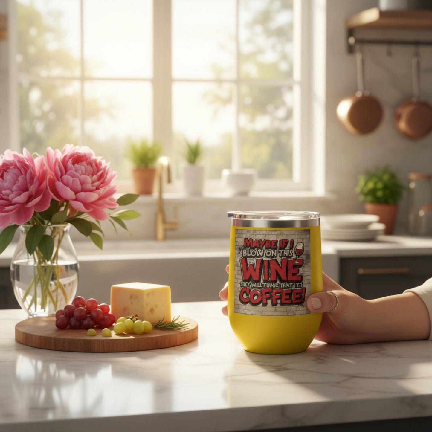 Person holding a yellow tumbler with a humorous design in a kitchen setting