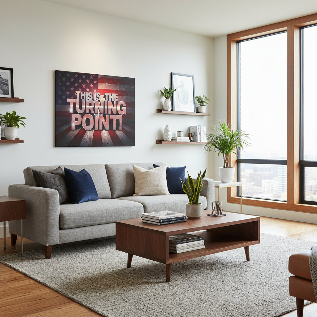 This Is The Turning Point! American flag backdrop canvas wall art in a modern living room with a gray sofa, wooden coffee table, and large window.