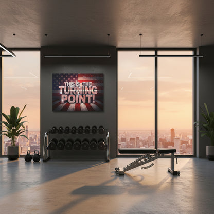 Modern gym interior with motivational canvas wall art that says, This Is The Turning Point! and fitness equipment setting.