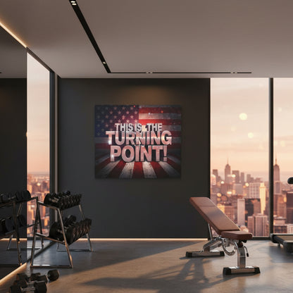 Gym interior with motivational canvas wall art hanging that says This Is The Turning Point! on the wall.