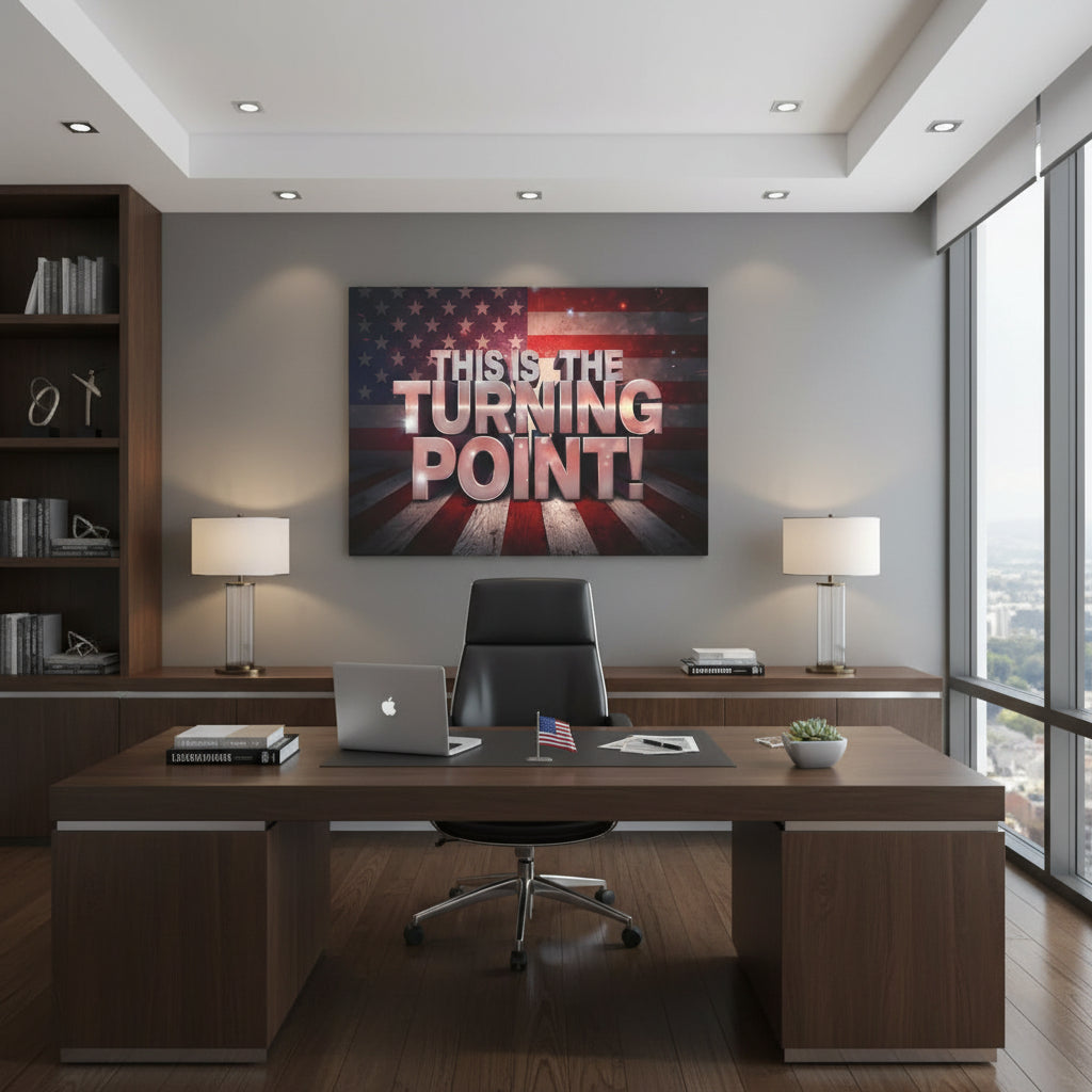American flag backdrop with 'This is the Turning Point!' text canvas wall art hanging in an office setting.