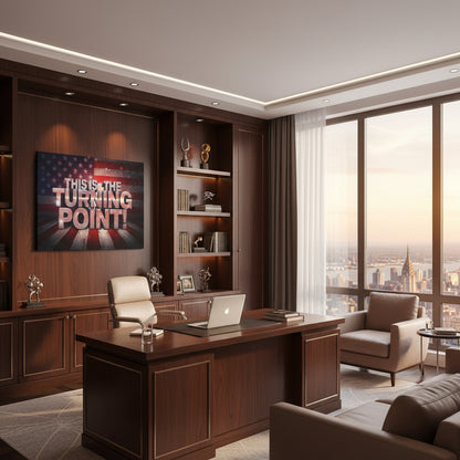 This Is The Turning Point! American flag backdrop canvas wall art in a modern office with a wooden desk, chair, and bookshelf with decor items.