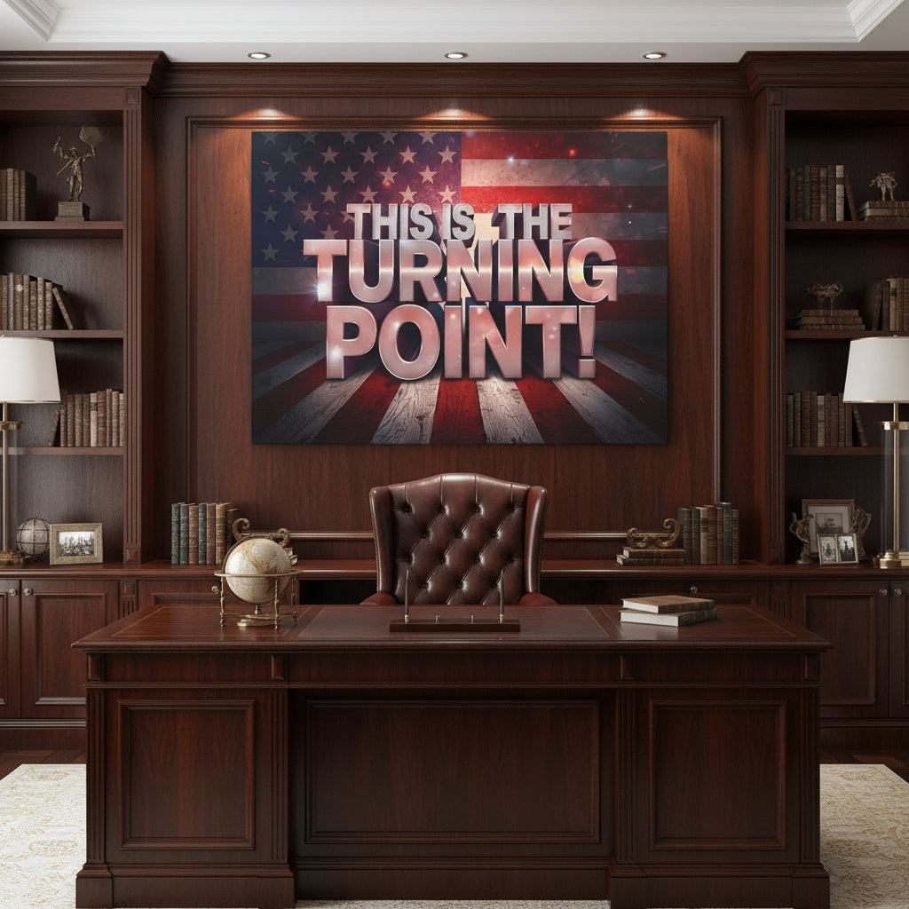 American flag backdrop with 'This is the Turning Point!' text in an office setting.