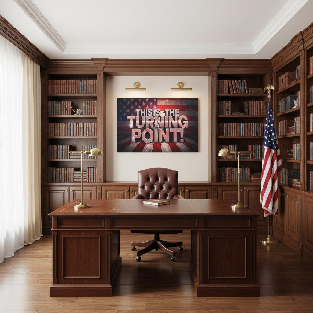 This Is The Turning Point! American flag backdrop canvas wall art in a formal office with a wooden desk and bookshelves.