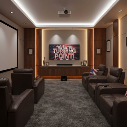 American flag backdrop with text 'THIS IS THE TURNING POINT!' canvas all art.