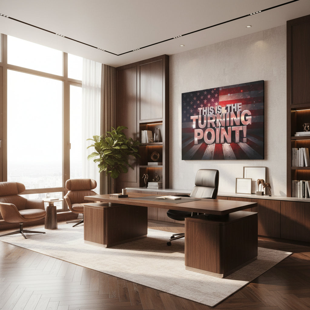 American flag backdrop with 'This is the Turning Point!' text canvas wall art in an office setting. 