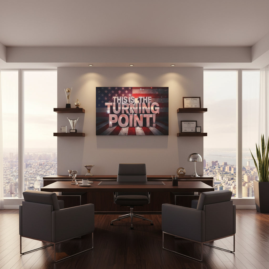 Modern office with a large desk, chairs, and motivational canvas wall art with an American flag backdrop and This Is The Turning Point! text.