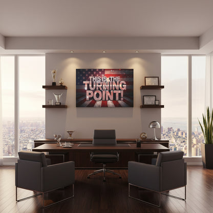 Modern office with a large desk, chairs, and motivational canvas wall art with an American flag backdrop and This Is The Turning Point! text.