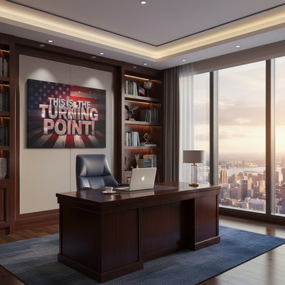 This Is The Turning Point! text on an American flag backdrop canvas wall art in a modern office with a large desk, chair, and cityscape view.