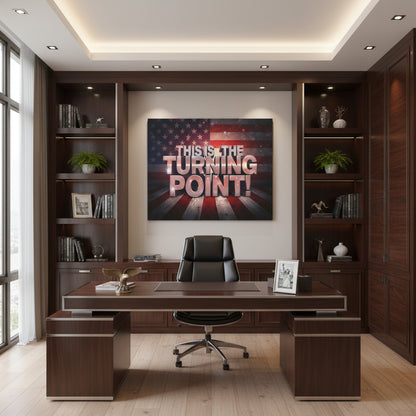 American flag with 'This is the Turning Point!' text hanging in an office setting.