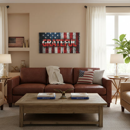 Living room with a brown sofa, wooden coffee table, and Grateful American flag-themed wall art.