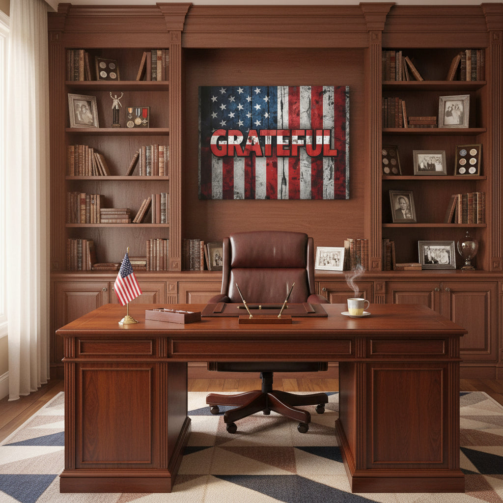 Wooden office desk with bookshelves and a 'Grateful' American flag canvas wall art.
