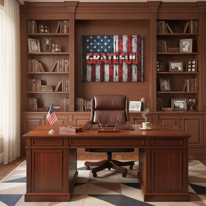 Wooden office desk with bookshelves and a 'Grateful' American flag canvas wall art.
