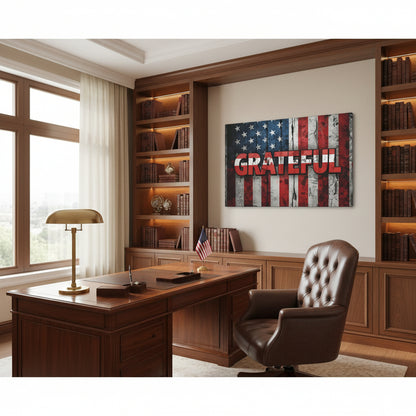 Wooden office desk with leather chair in a room with bookshelves and a 'Grateful' American flag canvas wall art.