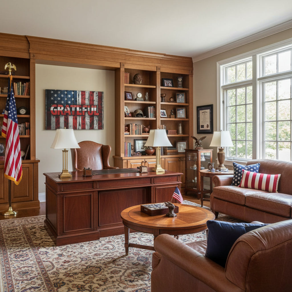 Living room with wooden desk, bookshelves, and a hanging Grateful American flag canvas wall art.