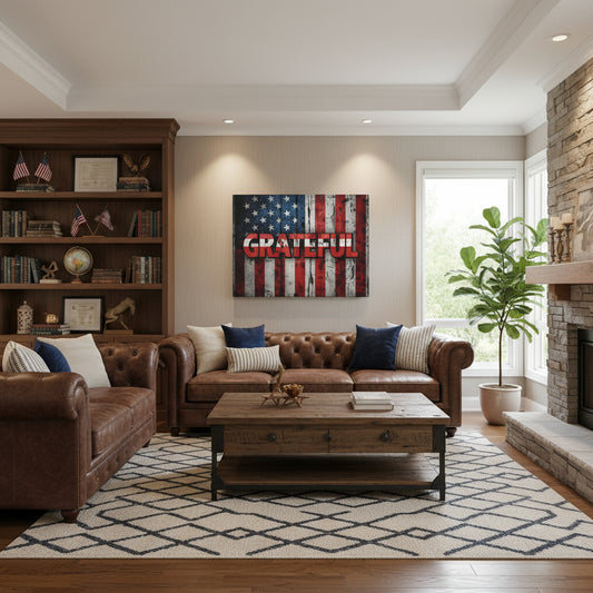 American flag backdrop with 'GRATEFUL' text on a hanging canvas wall art.