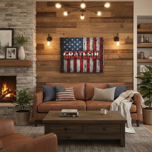 Cozy living room with wooden walls, a fireplace, and 'Grateful' American flag backdrop canvas wall art.