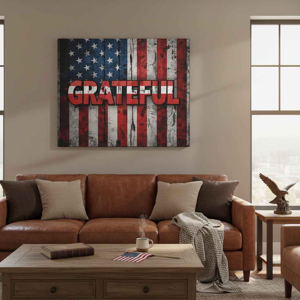 Living room with a brown leather sofa, wooden coffee table, and 'GRATEFUL' American flag backdrop canvas art on the wall.