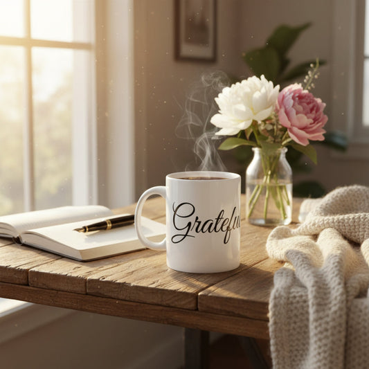 Steaming mug with 'Grateful' on a wooden table with flowers and a notebook.