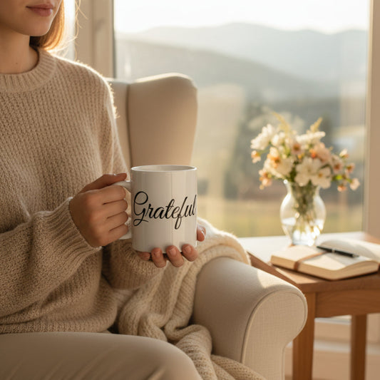 Person holding a mug with 'Grateful' on it, sitting in a cozy room with a view of mountains.
