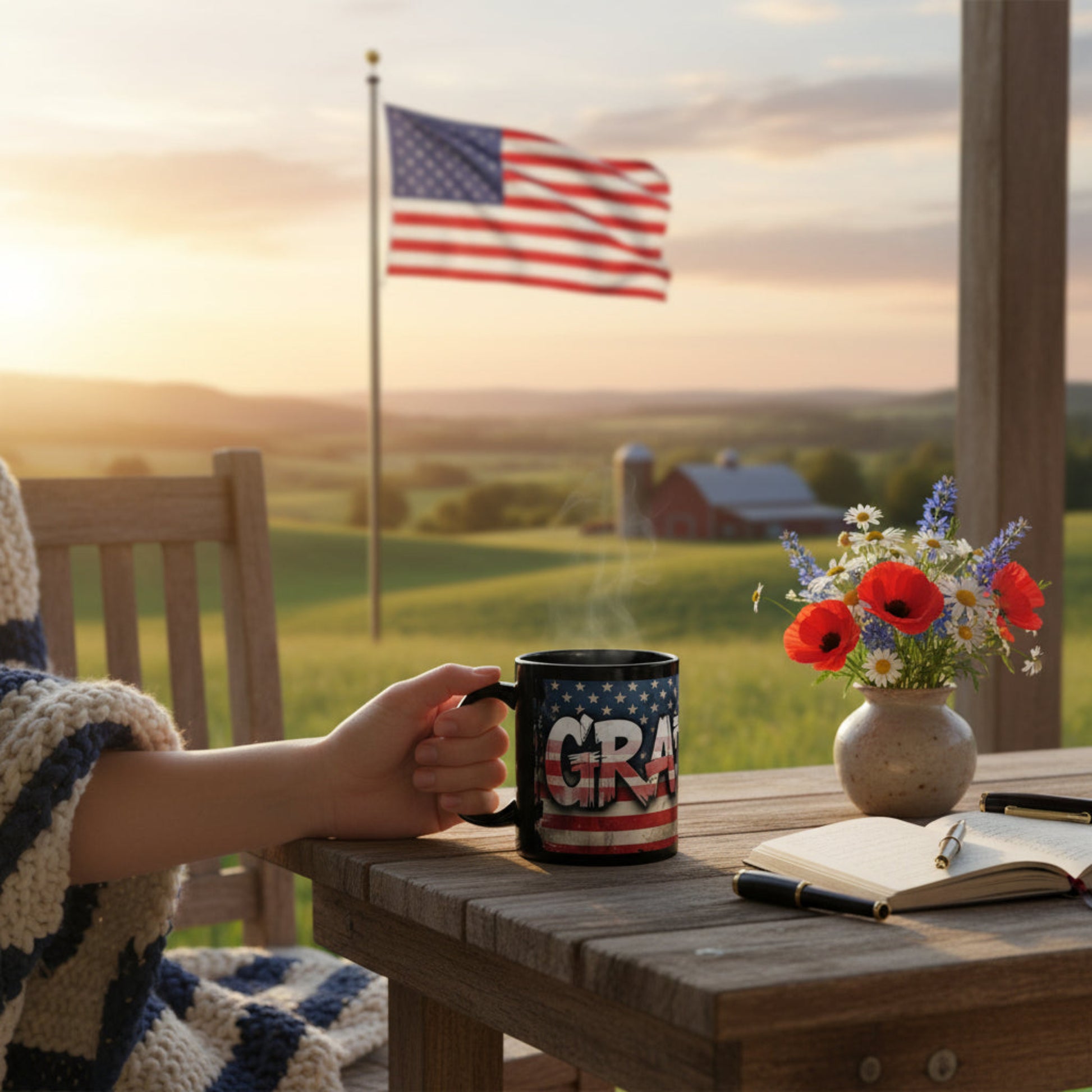 Person holding a mug with an American flag design on a wooden deck with a scenic view and American flag.