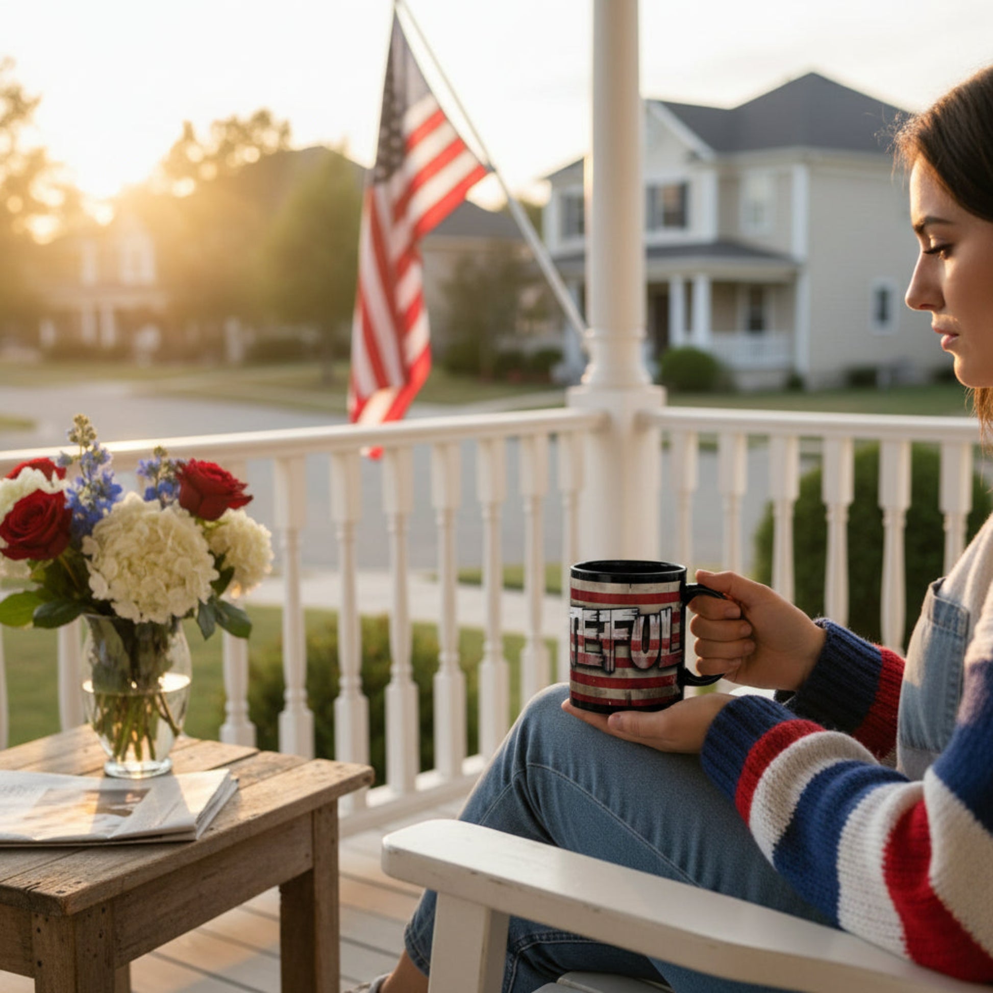 Woman sitting on a porch with a mug, flowers, and an American flag in the background.